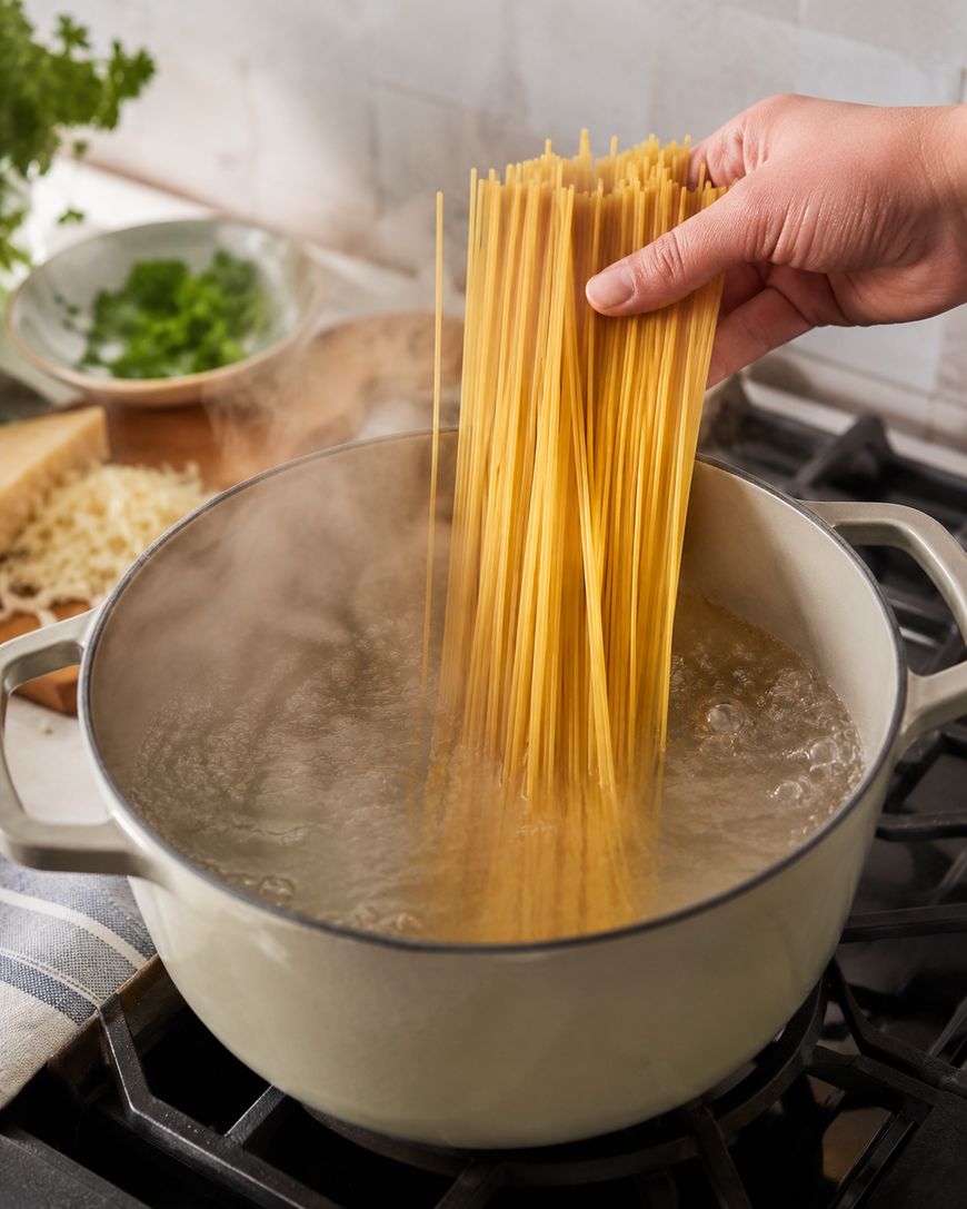 A hand adds uncooked spaghetti into a pot of boiling water on a stovetop. Fresh herbs and grated cheese are visible in the background.
