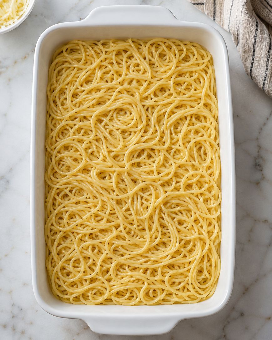 Cooked spaghetti noodles spread out evenly in a white rectangular baking dish on a marble surface, with a striped towel and a small bowl partially visible in the background.