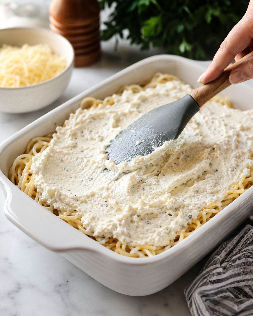 A hand spreads a creamy cheese mixture over cooked spaghetti in a white baking dish. A bowl of shredded cheese and a pepper grinder are nearby on a marble countertop.