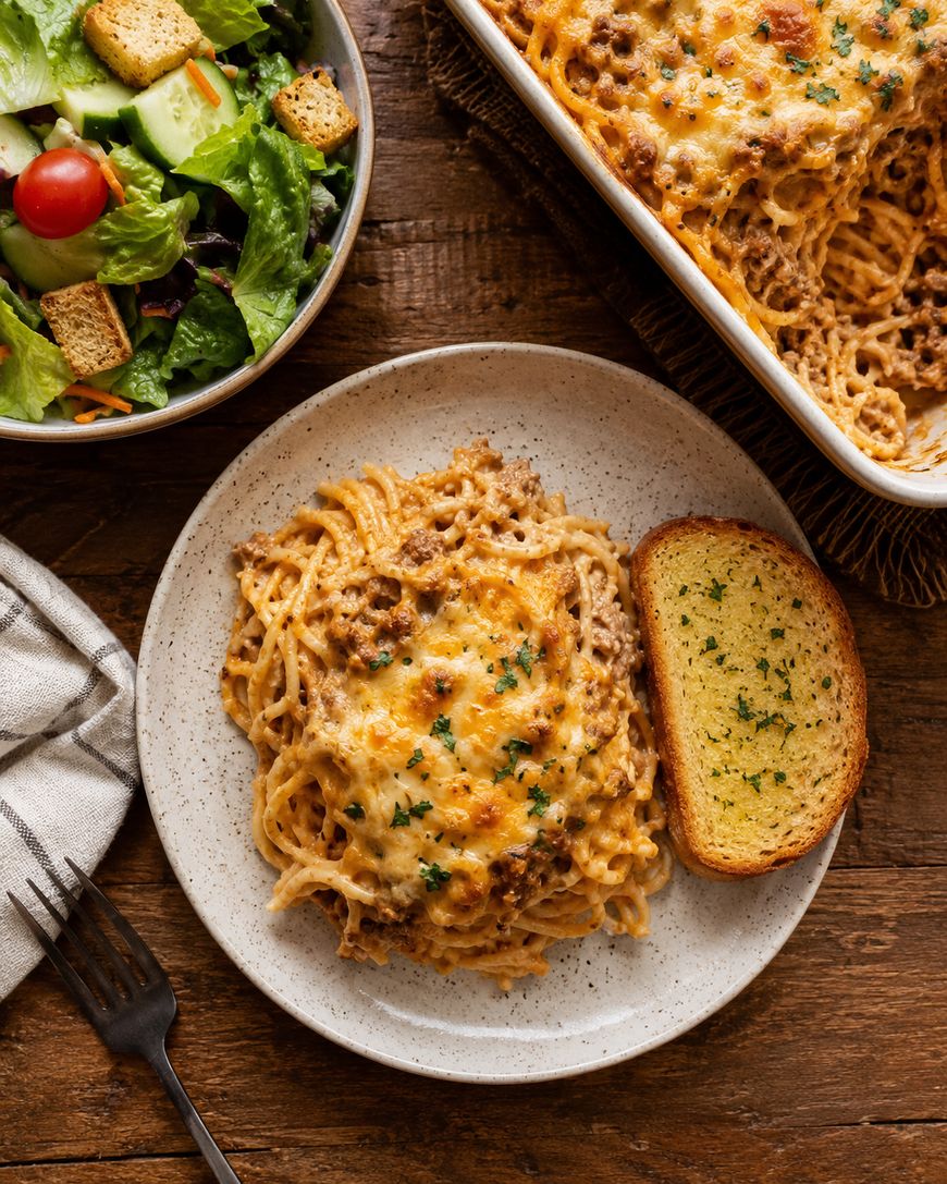 A plate of baked spaghetti with melted cheese and ground meat, garnished with herbs, served with a slice of garlic bread. A bowl of salad with lettuce, tomato, cucumber, and croutons is next to the plate.