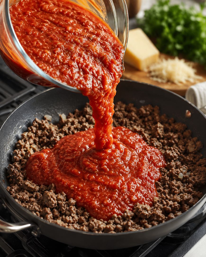 Tomato sauce is being poured from a glass bowl onto cooked ground beef in a skillet, with cheese and parsley visible on a wooden board in the background.
