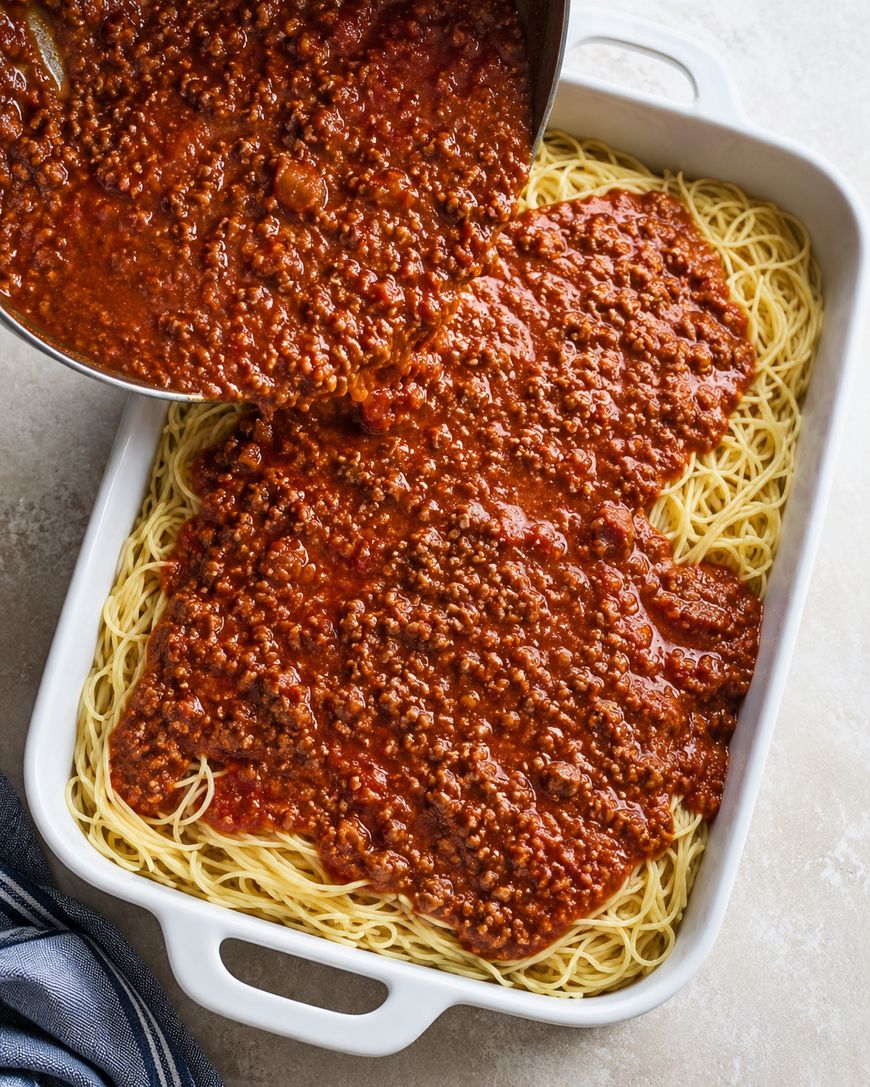 Spaghetti in a white baking dish being topped with a generous amount of meat sauce from a pot, ready for baking.