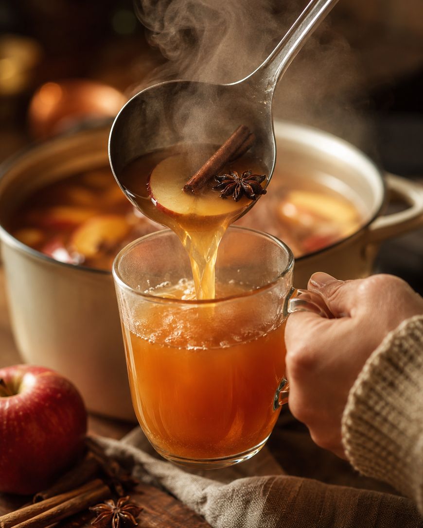 A hand pours steaming spiced apple cider with a cinnamon stick and apple slice from a ladle into a glass mug, with a pot and fresh apples nearby.
