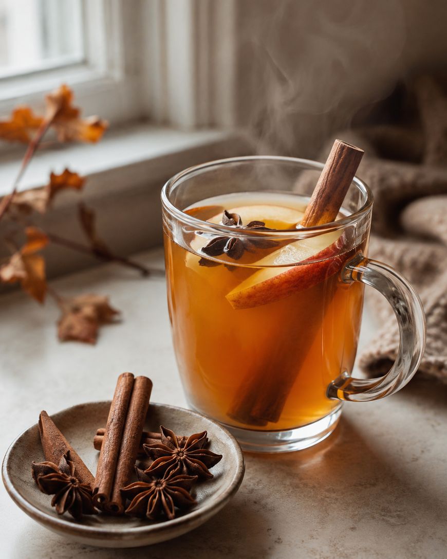 A clear mug of hot apple cider with a cinnamon stick, apple slice, and star anise, sits beside a small plate holding cinnamon sticks and star anise. Autumn leaves and a cozy blanket are in the background.