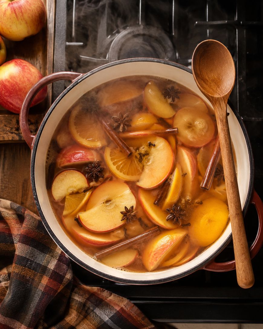 A pot of simmering spiced apple cider with apple slices, orange slices, cinnamon sticks, and star anise sits on a stove, with a wooden spoon resting on the pot and a plaid cloth nearby.