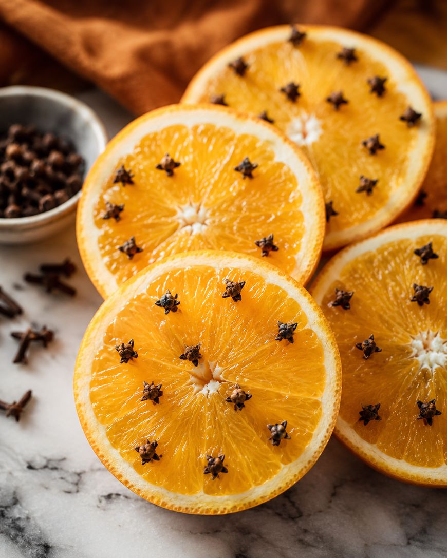 Orange slices with whole cloves poked into them are arranged on a marble surface. A small bowl filled with cloves sits nearby, along with a few loose cloves scattered around.