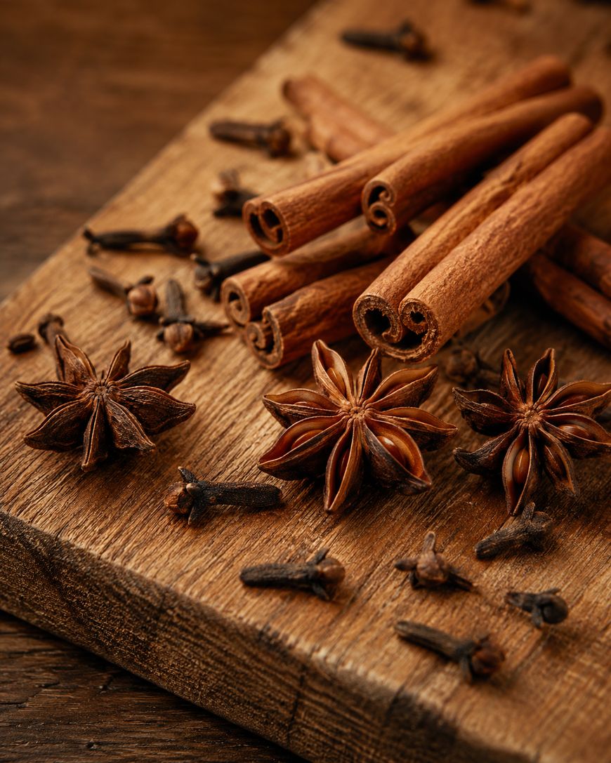 Cinnamon sticks, star anise, and cloves are arranged on a rustic wooden cutting board, with a blurred wooden background.