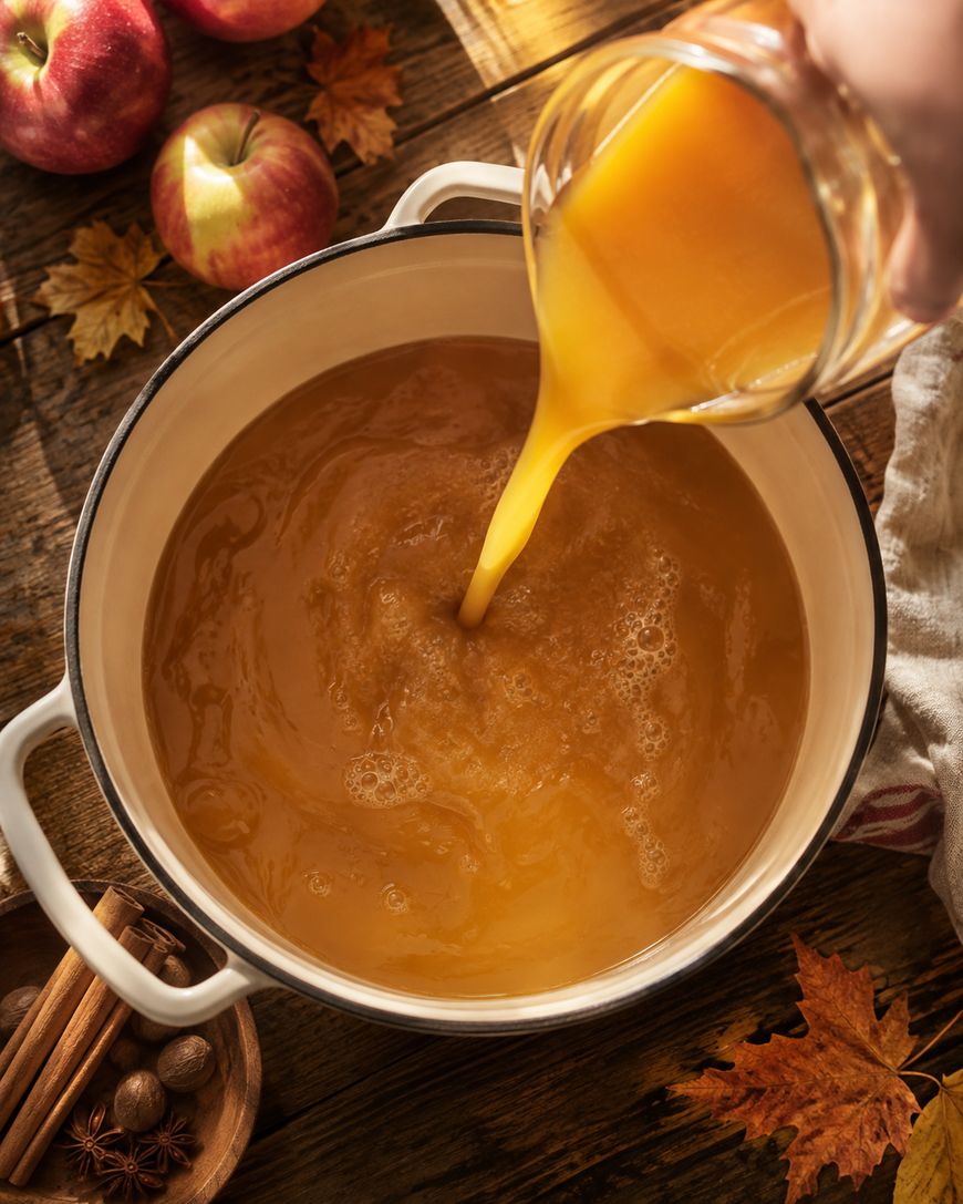 A hand pours apple cider from a glass into a white pot on a wooden table with apples, autumn leaves, cinnamon sticks, and star anise nearby.