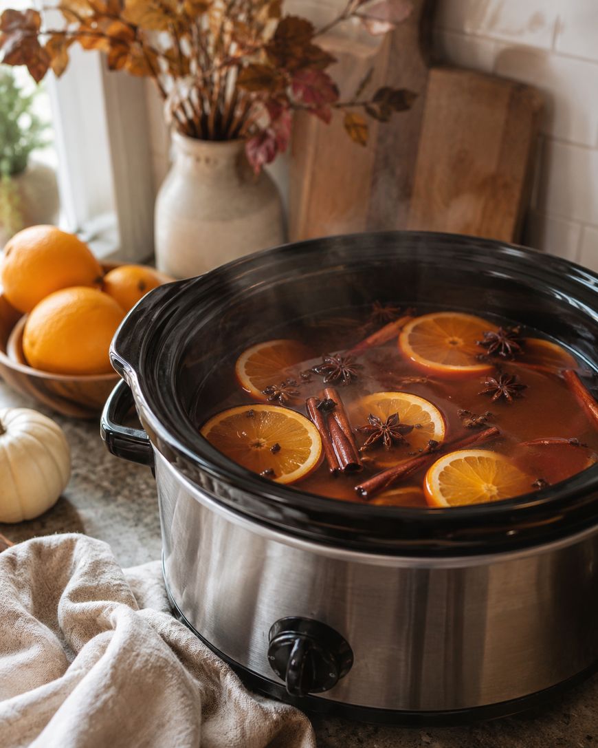 A slow cooker filled with spiced cider, visible orange slices, cinnamon sticks, and star anise sits on a kitchen counter with oranges and autumn decor in the background. Steam rises from the warm drink.
