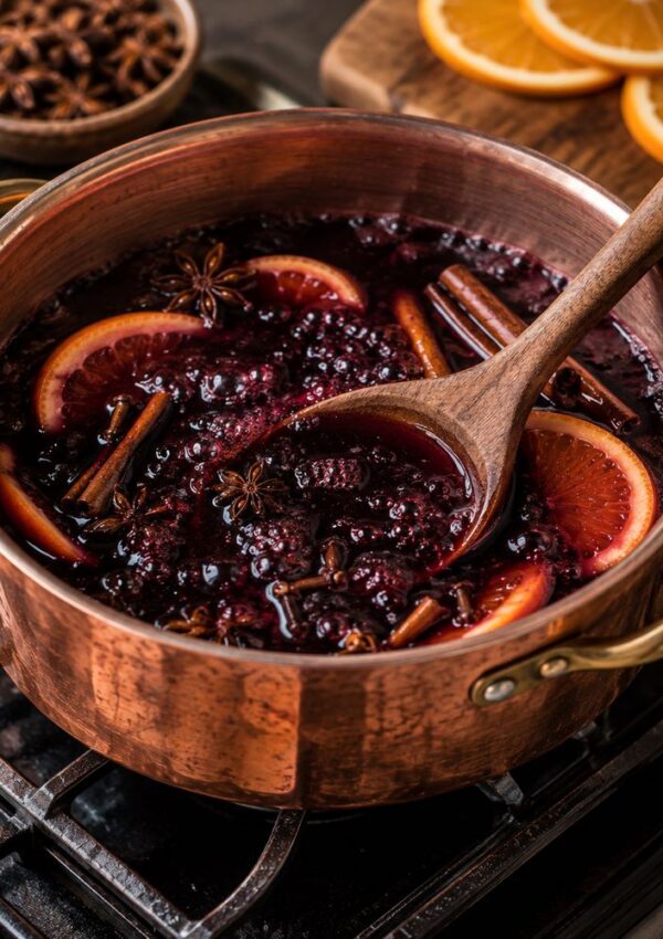 A copper pot on a stove holds mulled wine with orange slices, cinnamon sticks, and star anise. A wooden spoon stirs the steaming drink. Orange slices and spices are visible nearby.