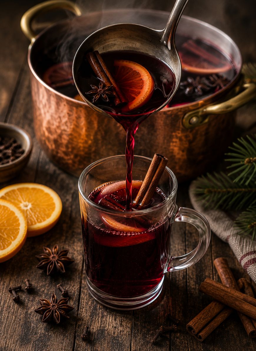 A ladle pours mulled wine with orange slices and cinnamon sticks into a glass mug. The copper pot and spices, including star anise and cloves, are on a rustic wooden table with fir branches.