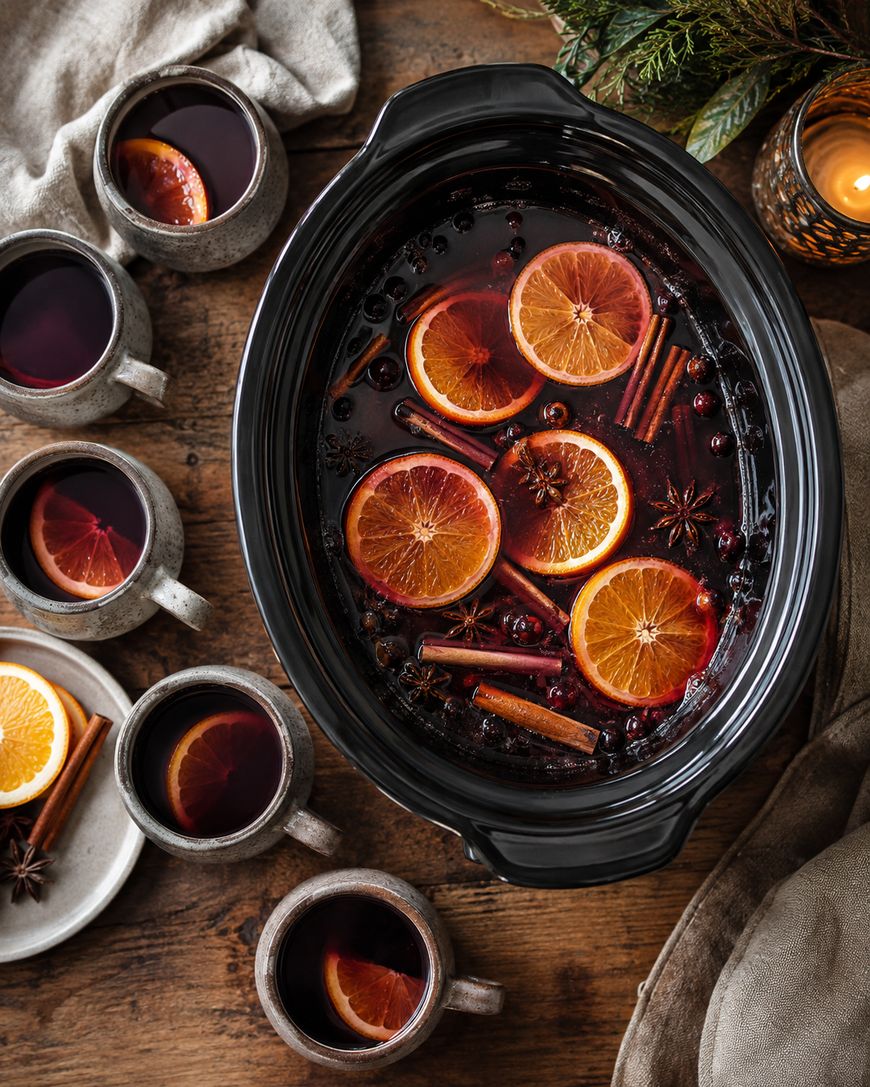 A slow cooker filled with mulled wine garnished with orange slices, cinnamon sticks, and star anise, surrounded by mugs of mulled wine, some with orange slices, on a rustic wooden table.