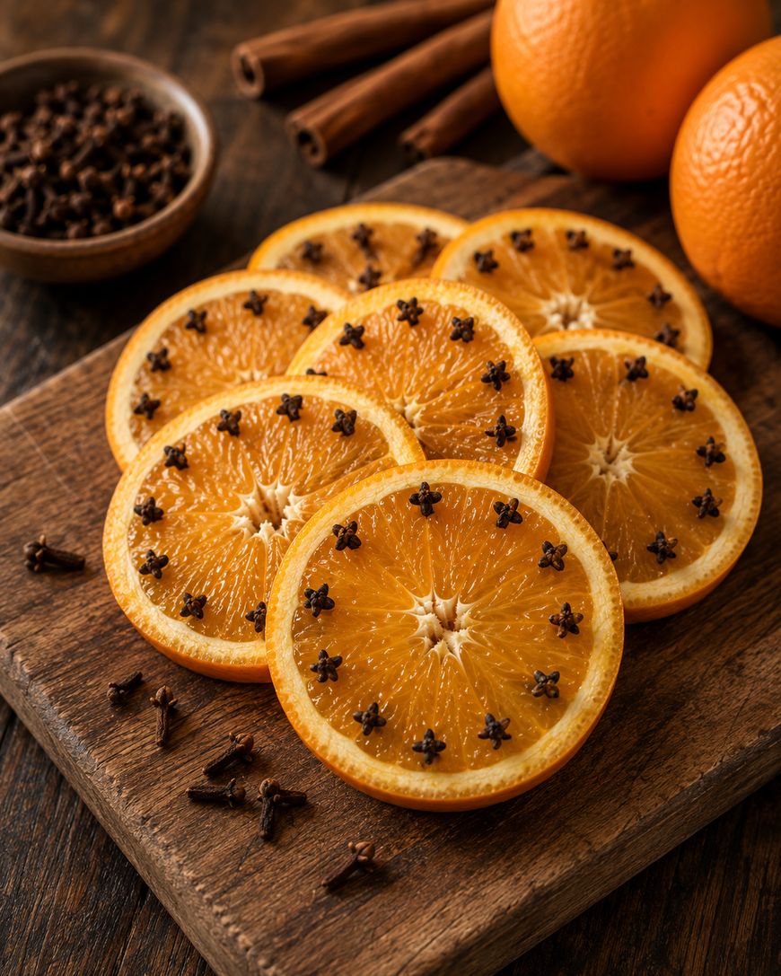 Orange slices studded with whole cloves are arranged on a wooden board, with extra cloves and whole oranges in the background, next to cinnamon sticks.