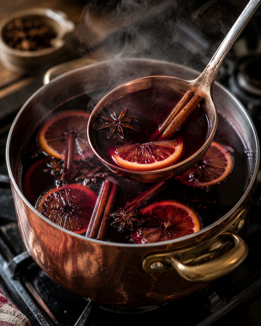 A steaming copper pot of mulled wine with orange slices, cinnamon sticks, and star anise, with a ladle lifting out a serving.