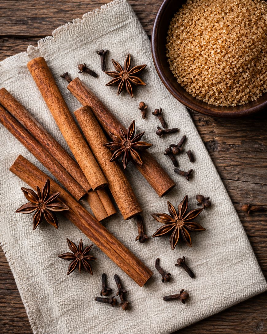 Cinnamon sticks, star anise, and cloves arranged on a beige cloth, with a bowl of brown sugar on a rustic wooden table.