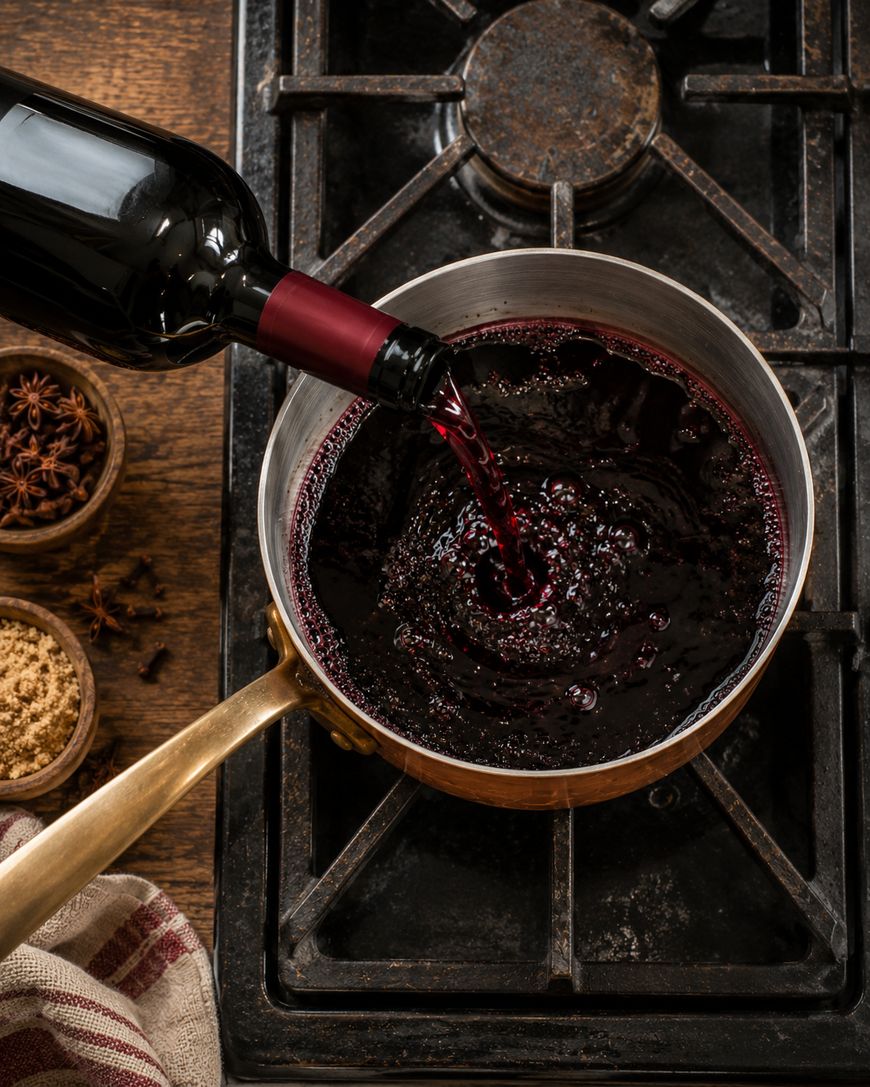A bottle of red wine is being poured into a saucepan on a stove, with bowls of spices and brown sugar nearby on a wooden surface.