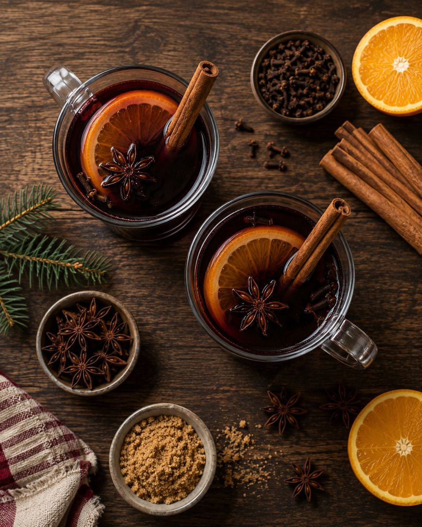 Two glass mugs of mulled wine with orange slices, cinnamon sticks, and star anise. Surrounding are bowls of spices, brown sugar, half an orange, and pine sprigs on a wooden surface.