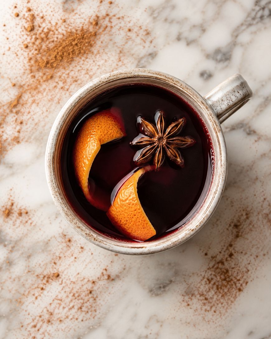 A mug of mulled wine garnished with two orange peels and a star anise sits on a marble surface dusted with cinnamon.