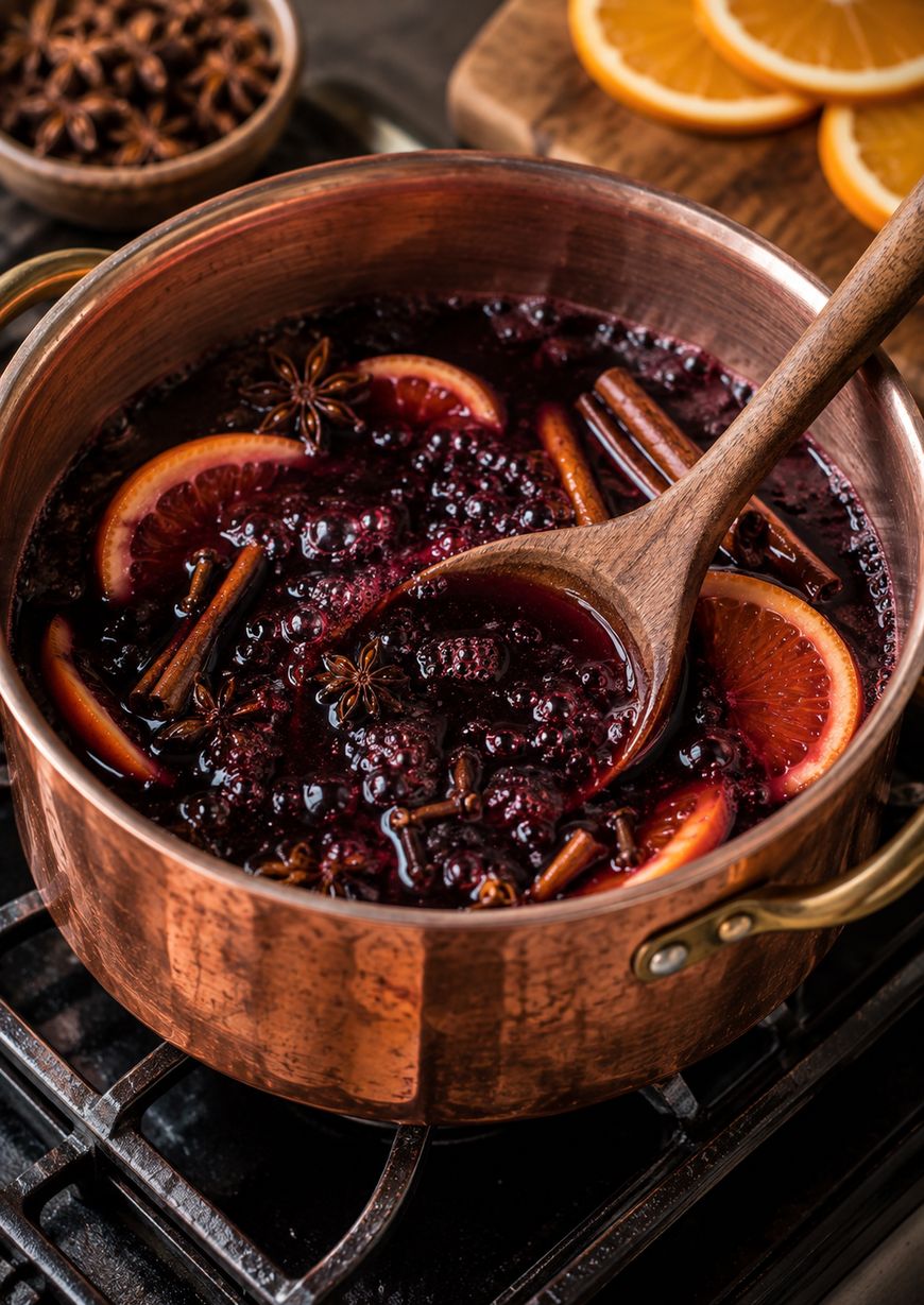 A copper pot filled with mulled wine, orange slices, cinnamon sticks, and star anise simmers on a stovetop. A wooden spoon stirs the spiced mixture. Sliced oranges and star anise are visible in the background.