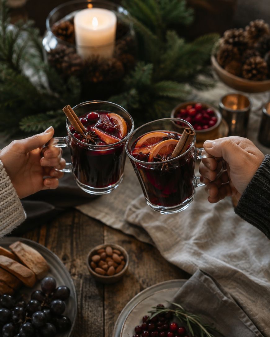 Two people toast with mugs of mulled wine garnished with orange slices and cinnamon sticks. The table is set with fruit, nuts, candles, and greenery, creating a cozy, festive atmosphere.