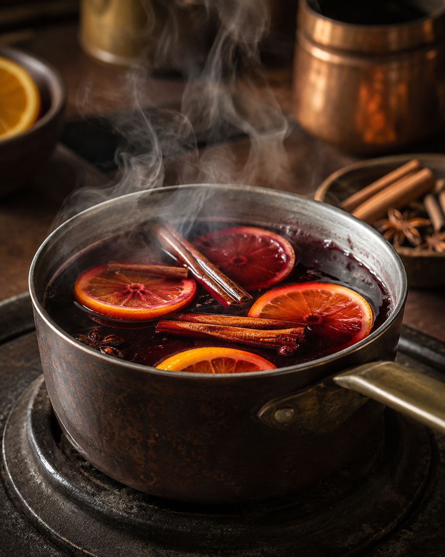 A steaming pot of mulled wine with orange slices and cinnamon sticks sits on a stovetop, surrounded by warm, rustic kitchen elements.