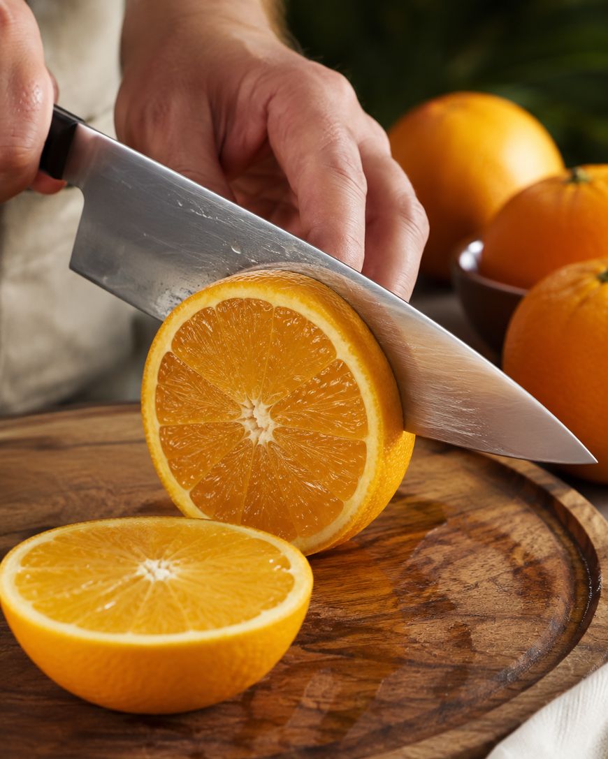 A hand slices a fresh orange with a kitchen knife on a wooden cutting board, with orange halves and whole oranges in the background.