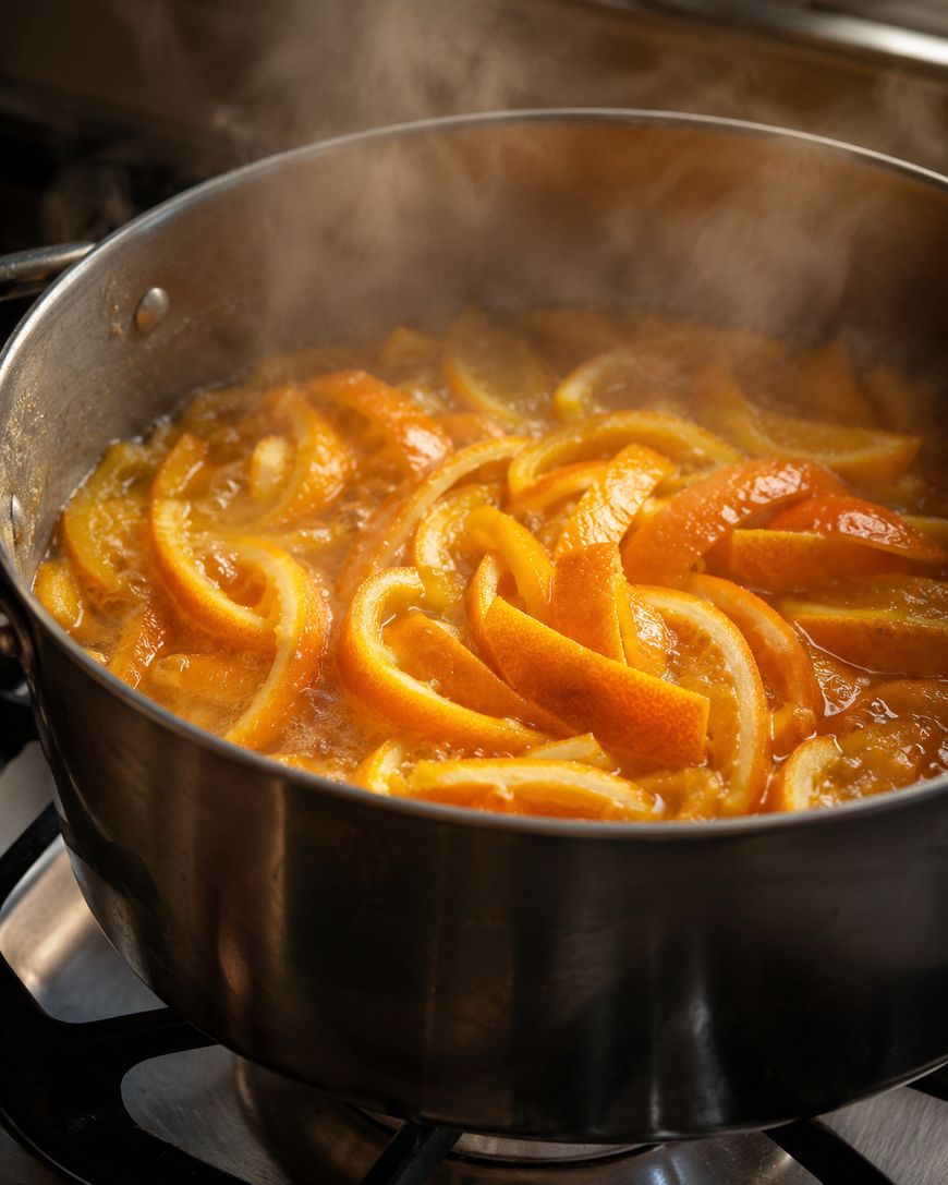 Orange slices simmer in a large metal pot, releasing steam. The pot sits on a stove burner, and the oranges appear to be cooking in a liquid, possibly for marmalade or another citrus recipe.