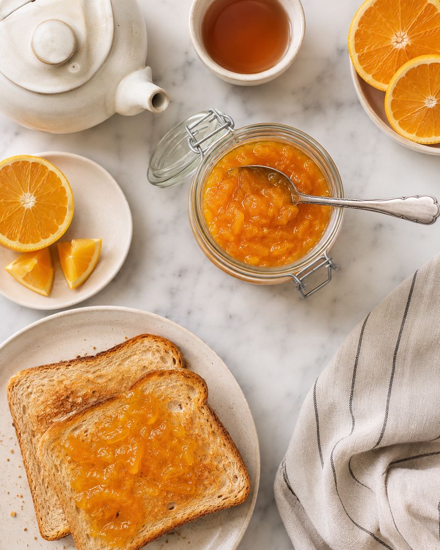 Two slices of toast with orange marmalade on a plate, a jar of marmalade with a spoon, orange slices, a teapot, a cup of tea, and a striped napkin on a marble surface.