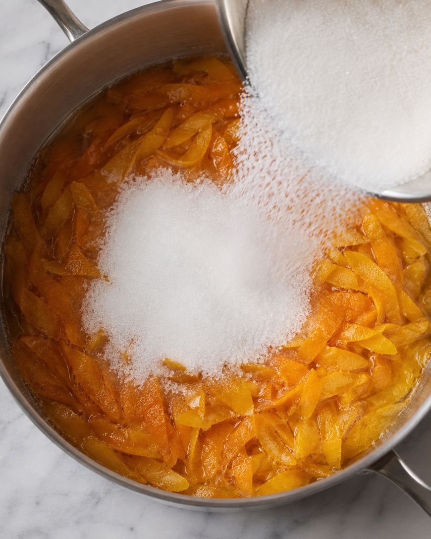 Sugar being poured into a pot filled with sliced orange peels, likely in preparation for making candied orange peel or marmalade. The scene is set on a marble countertop.