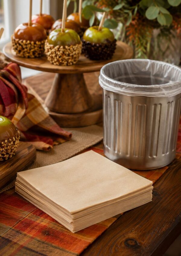 A stack of napkins sits on a table beside a small trash can and a tray of caramel apples, with autumn-themed decorations in the background.