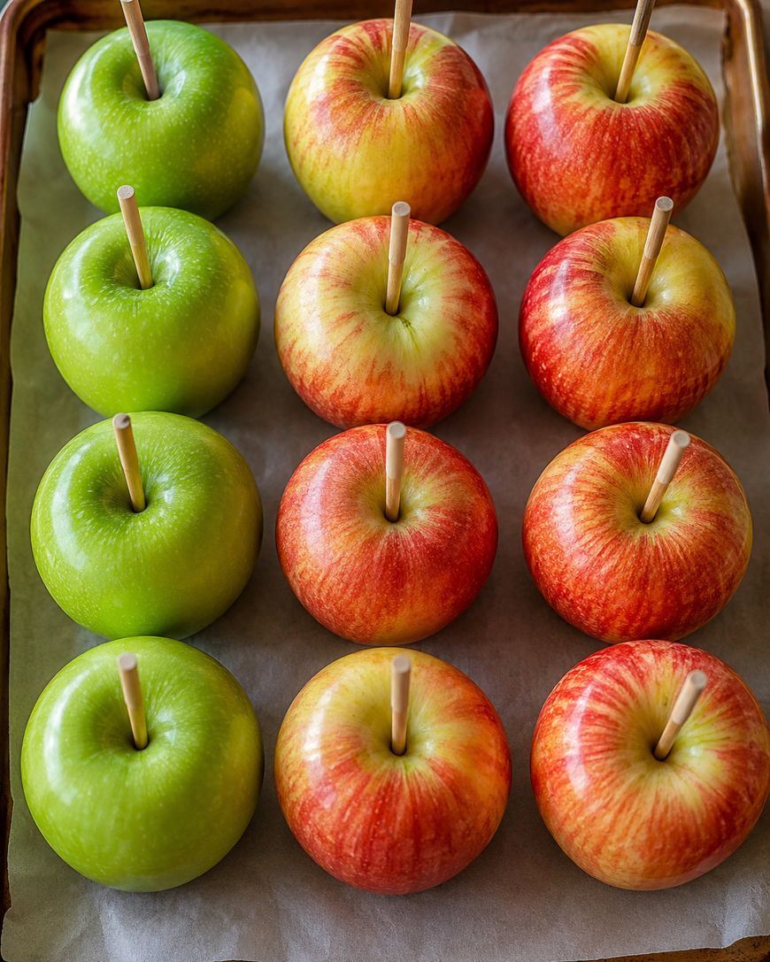Twelve apples, three green and nine red, are arranged in neat rows on a baking sheet, each with a wooden stick inserted into the top.