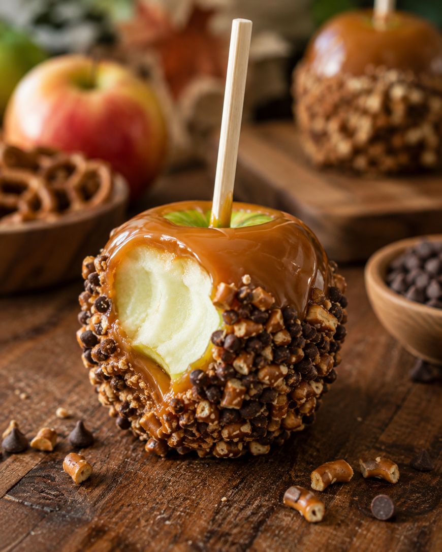 A caramel apple with a bite taken out, coated in chopped pretzels and chocolate chips, sits on a wooden table with more caramel apples, pretzels, and chocolate chips in the background.