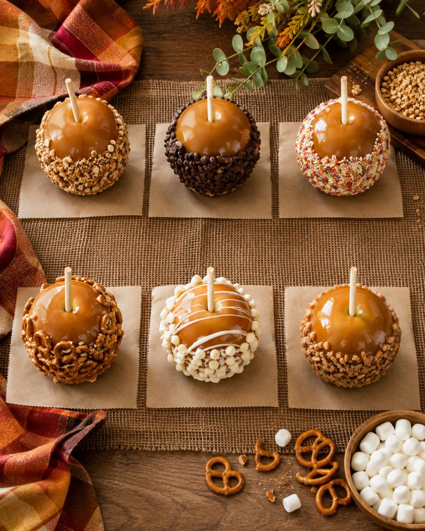Six caramel apples, each decorated with different toppings like nuts, chocolate chips, sprinkles, pretzels, and mini marshmallows, are arranged on brown parchment squares on a wooden table with fall decor.