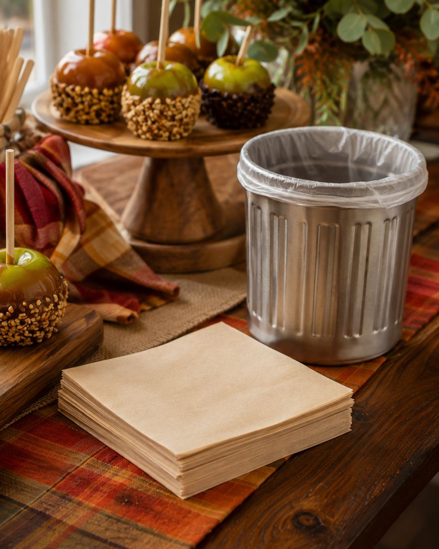 A stack of napkins sits on a table with caramel apples, a small silver trash can, and autumn decorations in the background.