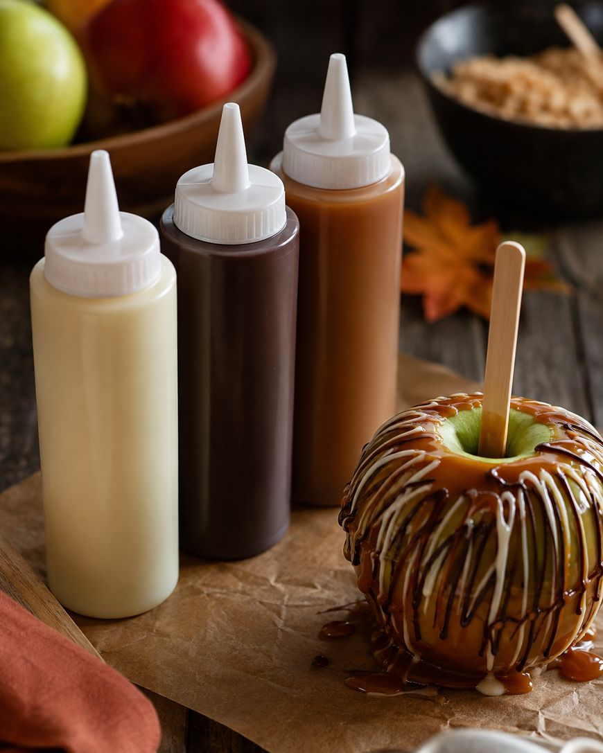 Three squeeze bottles of white, dark, and caramel sauces are next to a caramel apple drizzled with the sauces. Apples and a bowl of brown sugar are blurred in the background.