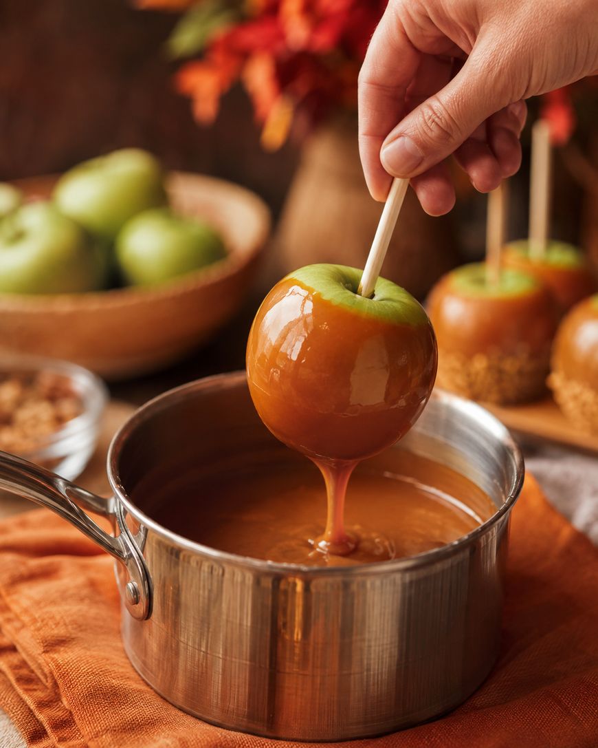 A hand dips a green apple on a stick into a pot of melted caramel. Finished caramel apples and a bowl of green apples are visible in the background. Autumn leaves add a seasonal touch.
