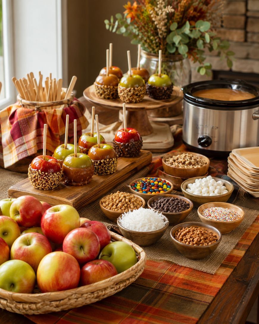 Caramel apple bar with apples, finished caramel apples on sticks, toppings like nuts, candies, marshmallows, a slow cooker, wooden dishes, and autumn decorations on a plaid tablecloth.