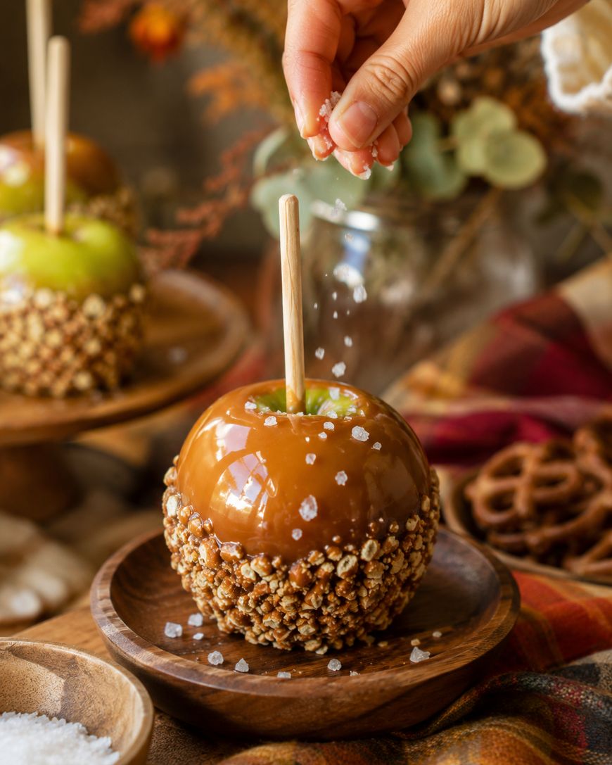 A hand sprinkles coarse salt onto a caramel apple coated with chopped nuts, set in a wooden bowl, with more caramel apples and autumn decorations in the background.