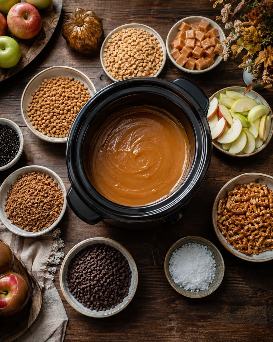 A crockpot of melted caramel is surrounded by bowls of apple slices, pretzels, caramels, chocolate chips, sprinkles, toffee bits, sea salt, and apples on a wooden table.