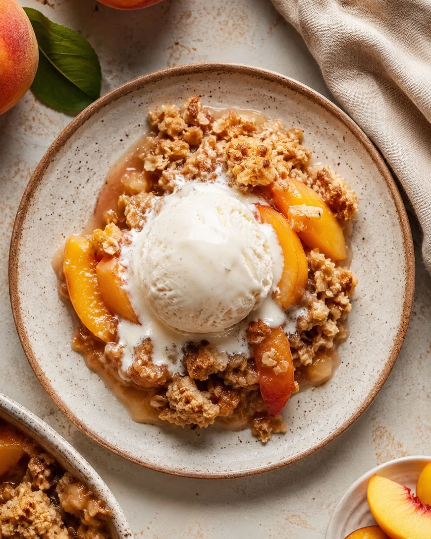 A plate of peach crisp topped with a scoop of melting vanilla ice cream, garnished with peach slices. The dessert sits on a light-colored surface with peaches and a napkin nearby.