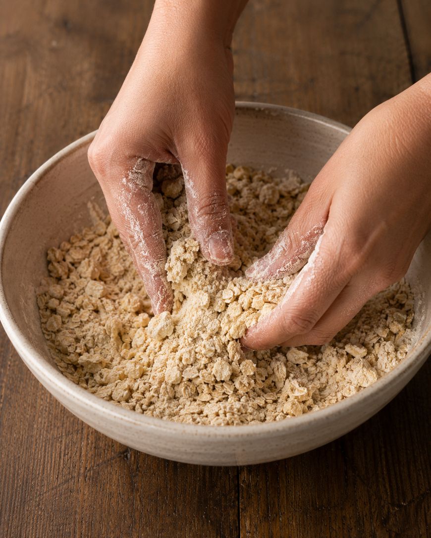 Hands mixing flour and oats in a beige bowl on a wooden surface, forming a crumbly dough mixture.