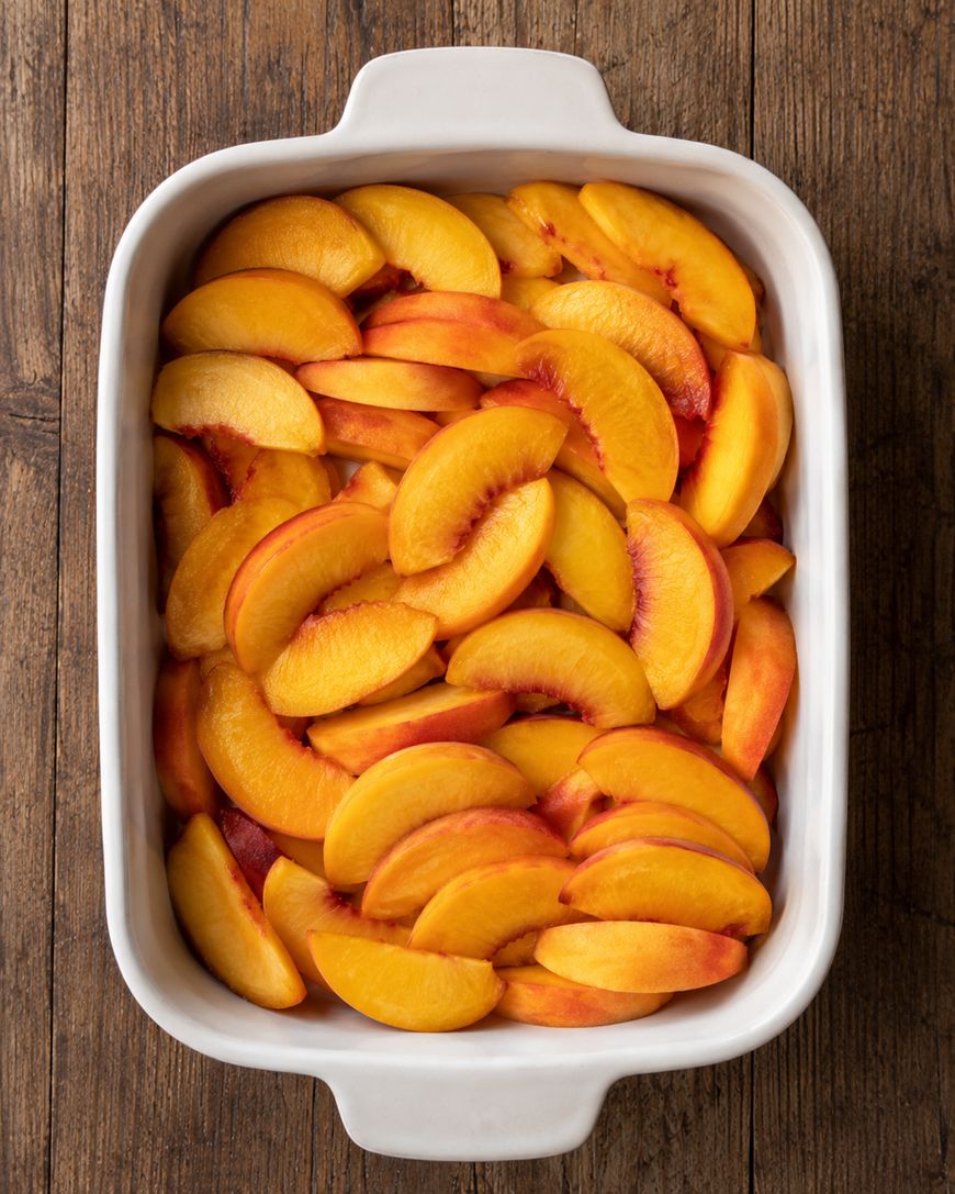 A white baking dish filled with neatly arranged fresh peach slices sits on a wooden surface.