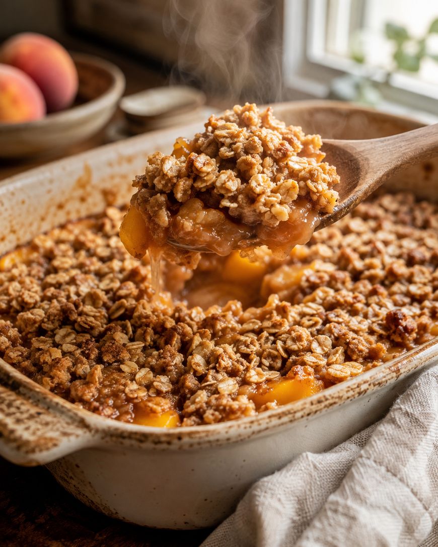 A wooden spoon lifts a serving of peach crisp with oat crumble topping from a ceramic baking dish, with steam rising and peaches visible in the background.
