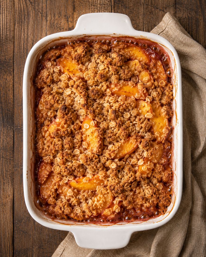 A baked peach crisp in a white rectangular dish sits on a brown cloth napkin, featuring a golden oat crumble topping and visible peach slices. The dish is placed on a rustic wooden table.