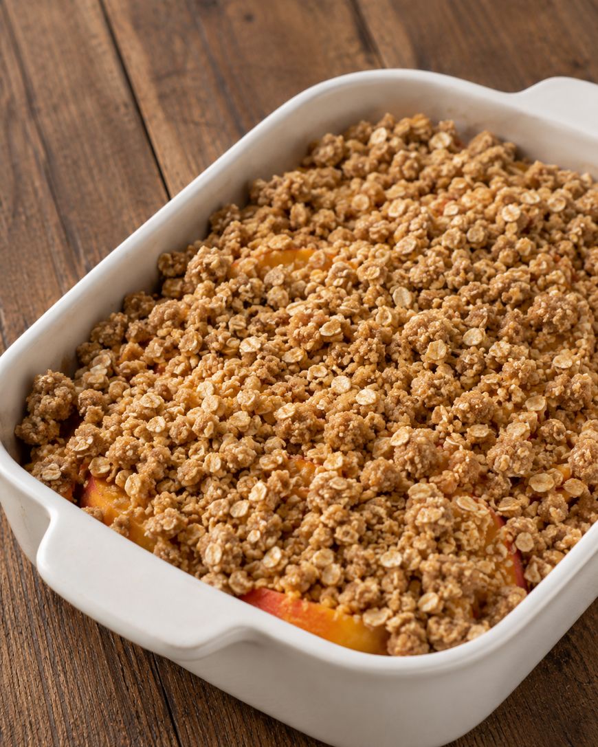 A white baking dish filled with a golden-brown peach crisp topped with a crumbly oat and sugar mixture sits on a wooden table.