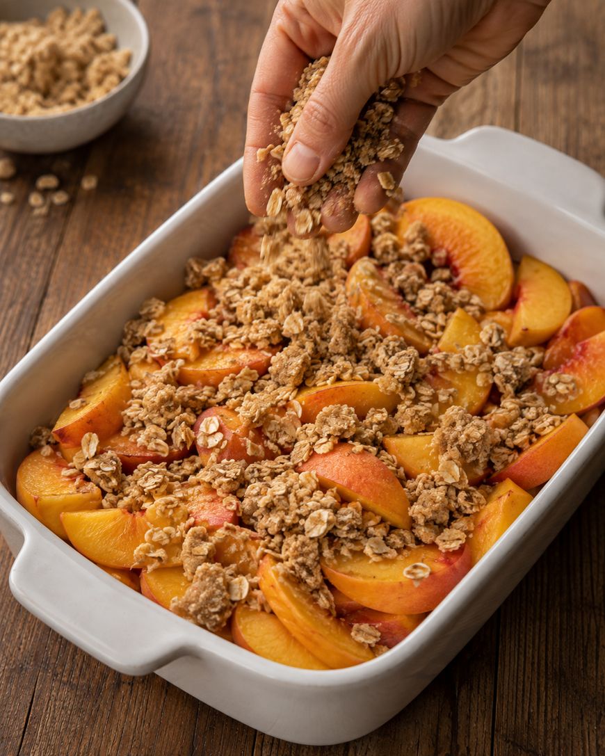 A hand sprinkles oat crumble topping over sliced peaches in a white baking dish, preparing a fruit crisp dessert on a wooden table. A small bowl of extra crumble topping is visible in the background.