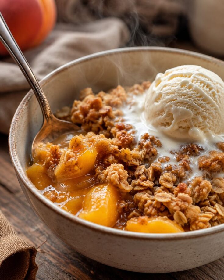 A bowl of warm peach crisp topped with a scoop of vanilla ice cream, with a spoon in the bowl. Steam rises from the dessert, and peaches and oat crumble are visible.