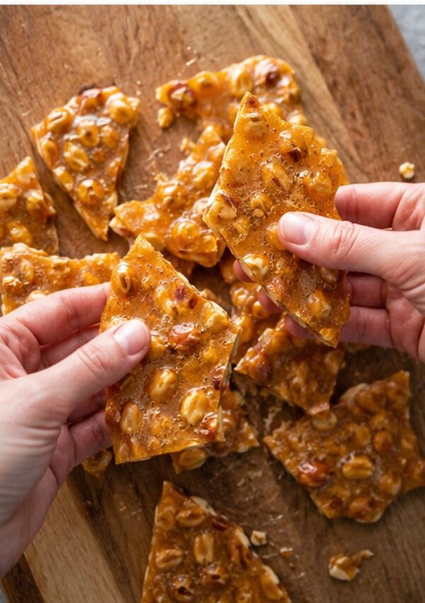 Hands breaking a piece of peanut brittle with several other pieces scattered on a wooden cutting board. The brittle is golden brown and studded with whole peanuts.