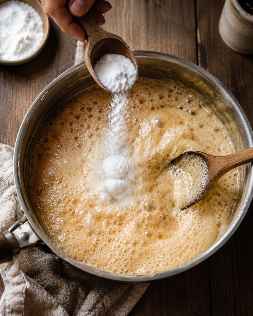 A hand adds baking soda from a wooden spoon into a saucepan of bubbling caramel mixture, while another wooden spoon stirs the contents.