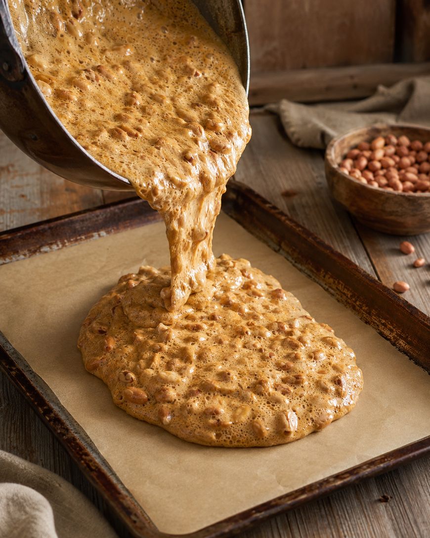 Thick, golden peanut brittle mixture is being poured from a saucepan onto a parchment-lined baking sheet, with a bowl of peanuts in the background.